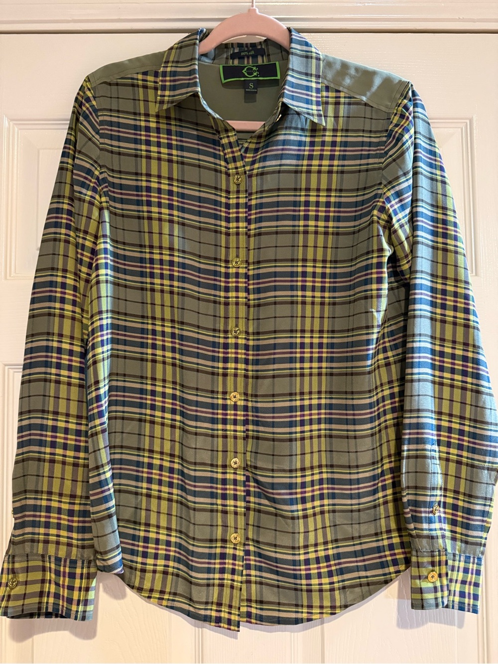 C. Wonder 100% Silk Plaid Mixed Media Utility Blouse Gold Buttons Boutique Small